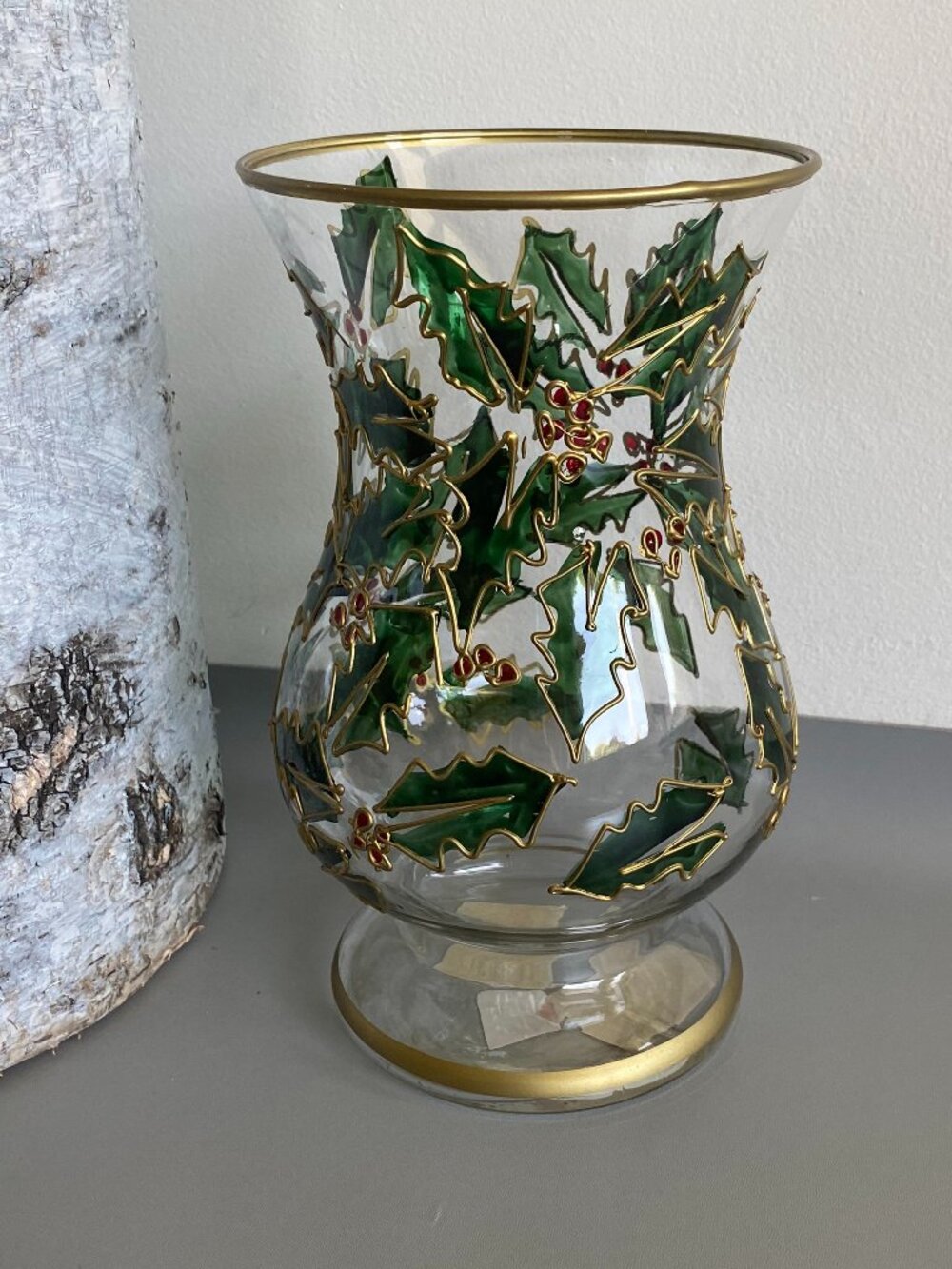 Fifth Avenue Crystal Holly Berry Hurricane Glass Vase 9" Gold Trim Christmas